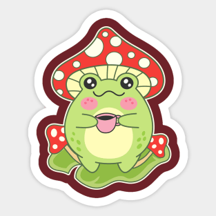 Mashroom-Headed Frog With Coffee Cup Kawaii Toad Sticker